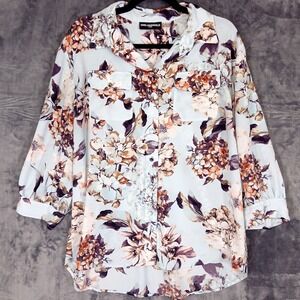 KARL LAGERFELD PARIS Women's Light Blue Floral Print Button Up Shirt Blouse M
